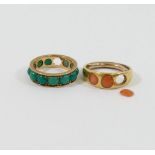 A yellow metal eternity ring set with circular turquoise cabochons, one lacking, stamped '14K', 3.1g