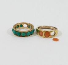 A yellow metal eternity ring set with circular turquoise cabochons, one lacking, stamped '14K', 3.1g