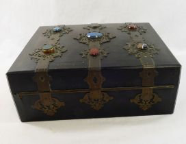 A Victorian parquetry brass bound writing slope, with ornate brass bindings set with hardstone