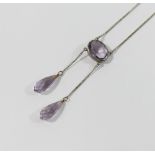 A three-stone amethyst double pendant necklace, on fine curb link chain, stamped '925', 39cm long,