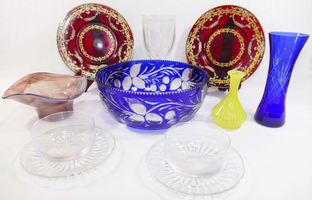 A blue flashed cut glass bowl, 23.5cm diameter, a large stemmed glass raised on square foot engraved