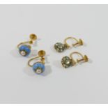 A pair of Victorian turquoise enamel and split pearl screw back earrings, the head of the earring