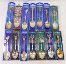 Over sixty silver plated souvenir and commemorative spoons, in original boxes, including Bognor