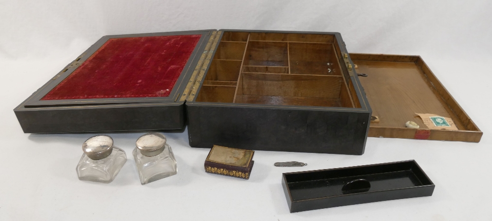 A Victorian parquetry brass bound writing slope, with ornate brass bindings set with hardstone - Image 4 of 4