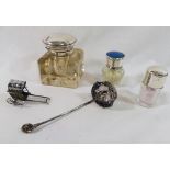 Two small glass toiletry jars with silver lids, one inlaid with butterfly wing, a square cut-glass