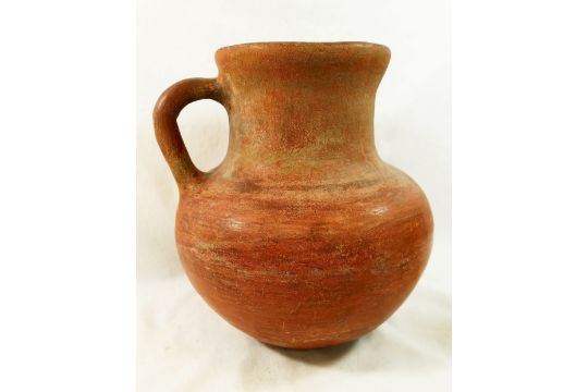 Three terracotta items comprised of a figural jug in the form of a pregnant woman, 22cm high, a - Image 2 of 5