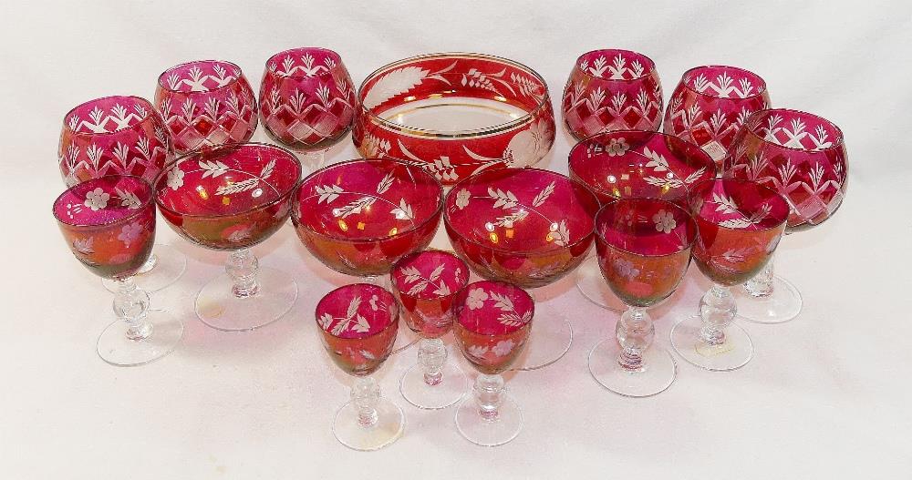 Six cut glass ruby flashed wine glasses, a part suite of ruby flashed drinking glasses and other