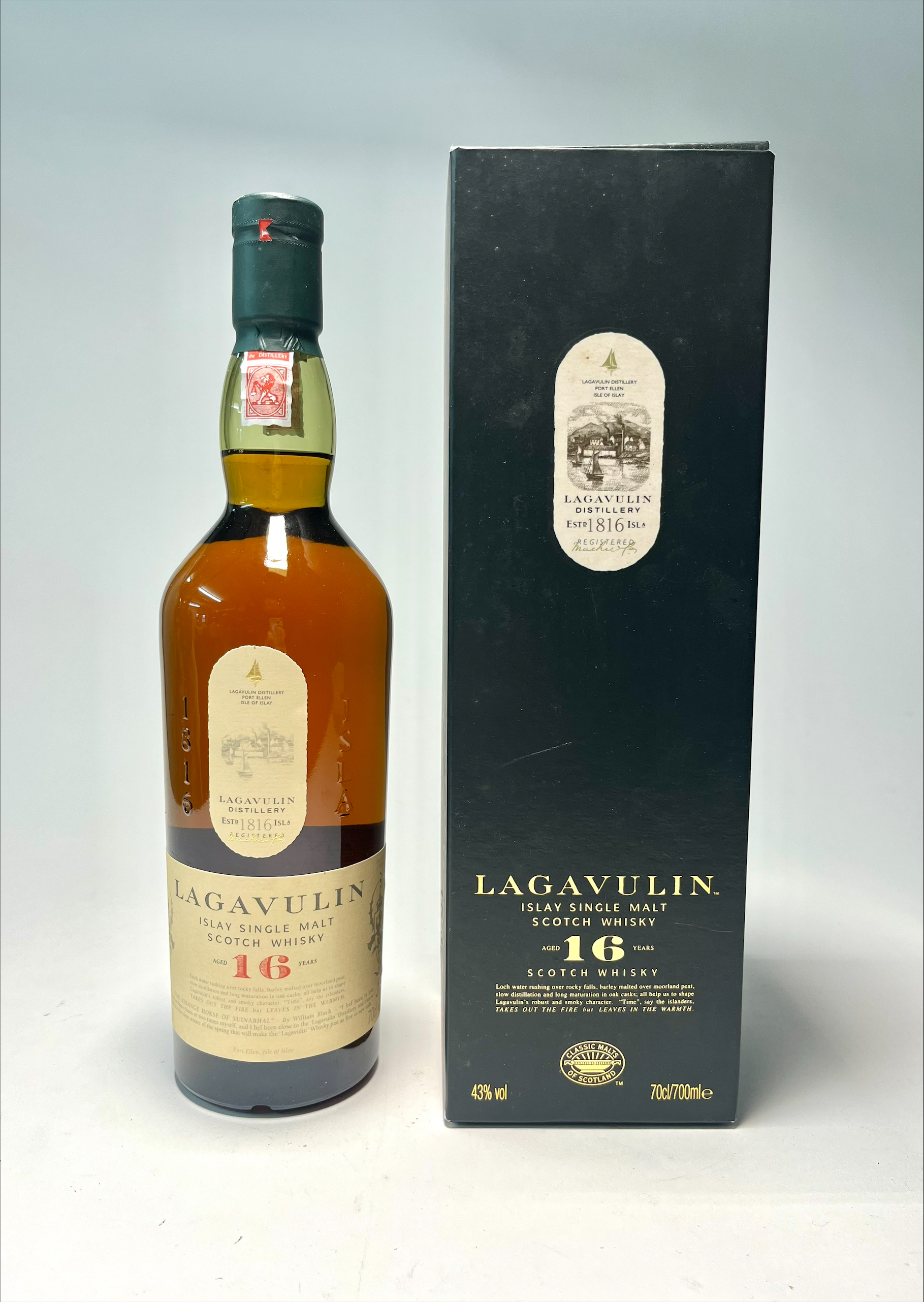 A bottle of Lagavulin Islay Single Malt Scotch Whisky (Lagavulin Distillery est. 1816), aged 16