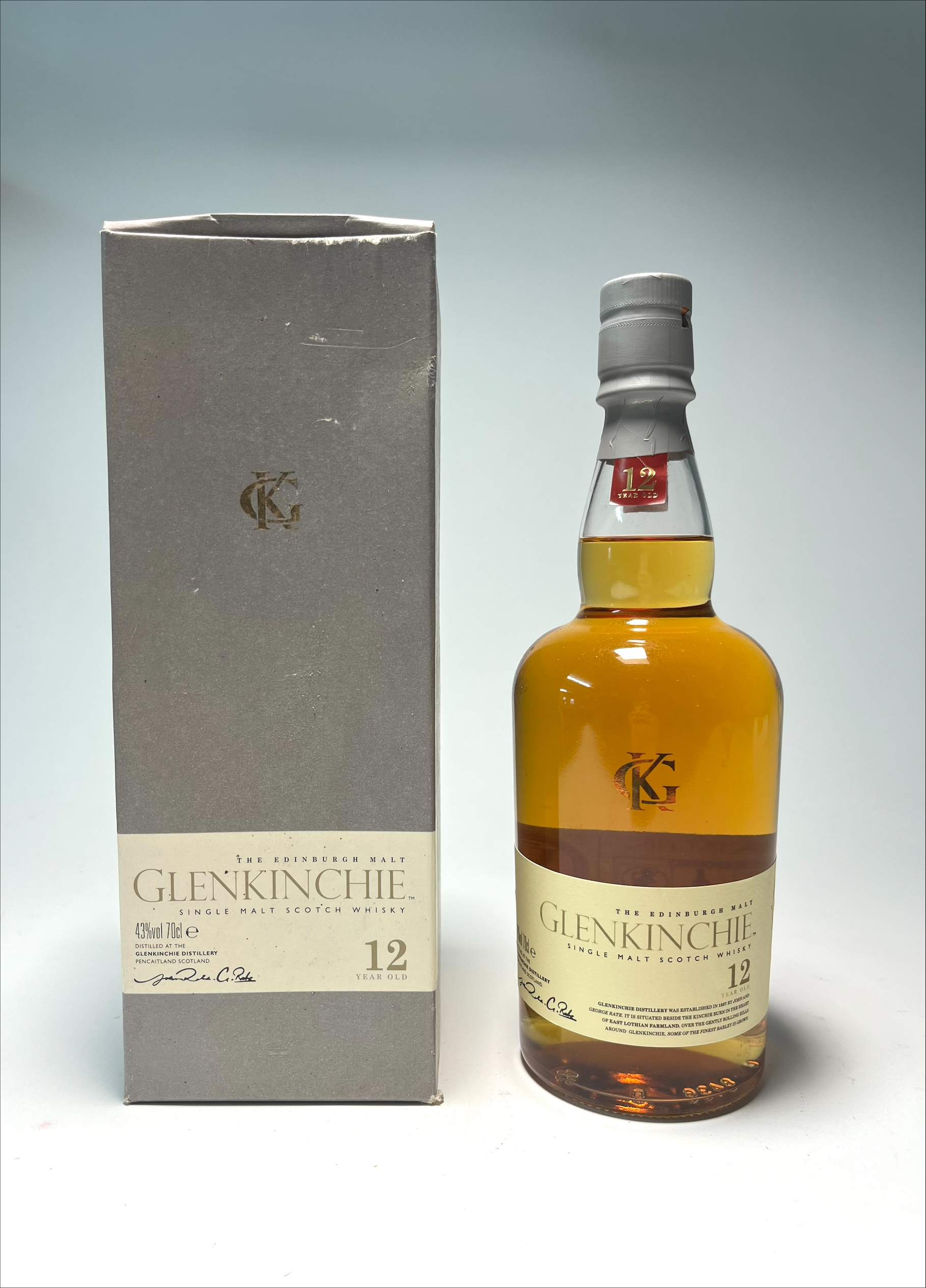 A bottle of The Edinburgh Malt Glenkinchie Single Malt Scotch Whisky, aged 12 years, distilled at