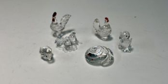 Swarovski Crystal Glass, Cockerel (colour), Hen (colour), Penguins Baby, etc (Chick is damaged),