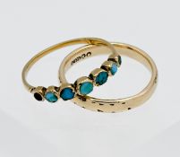 A 9ct gold wedding band, 1.48g together with a turquoise set ring unmarked (lacks one stone)