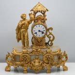 A 19th century French gilt metal and alabaster figure mantle clock, height 43cm.