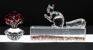 Swarovski Crystal Glass, 10th Anniversary The Squirrel (tail is off), Vase of Roses and a cleaning