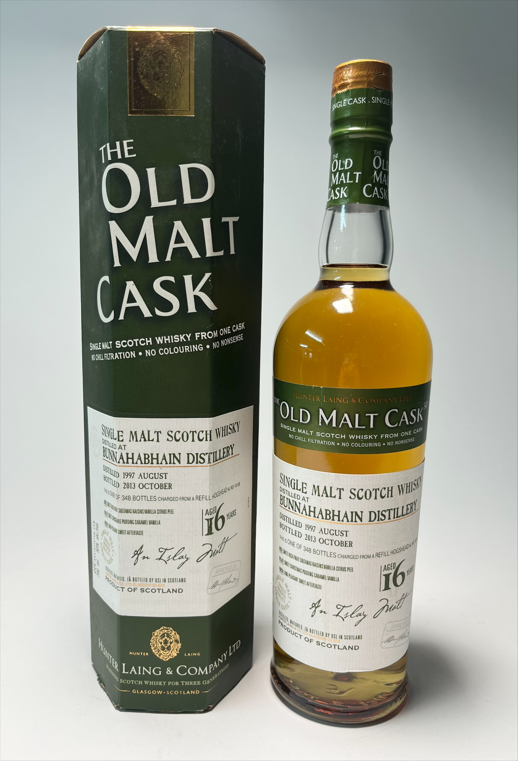 A bottle of The Old Cask Single Malt Scotch Whisky, distilled at Bunnahabhain Distillery (est.1881),