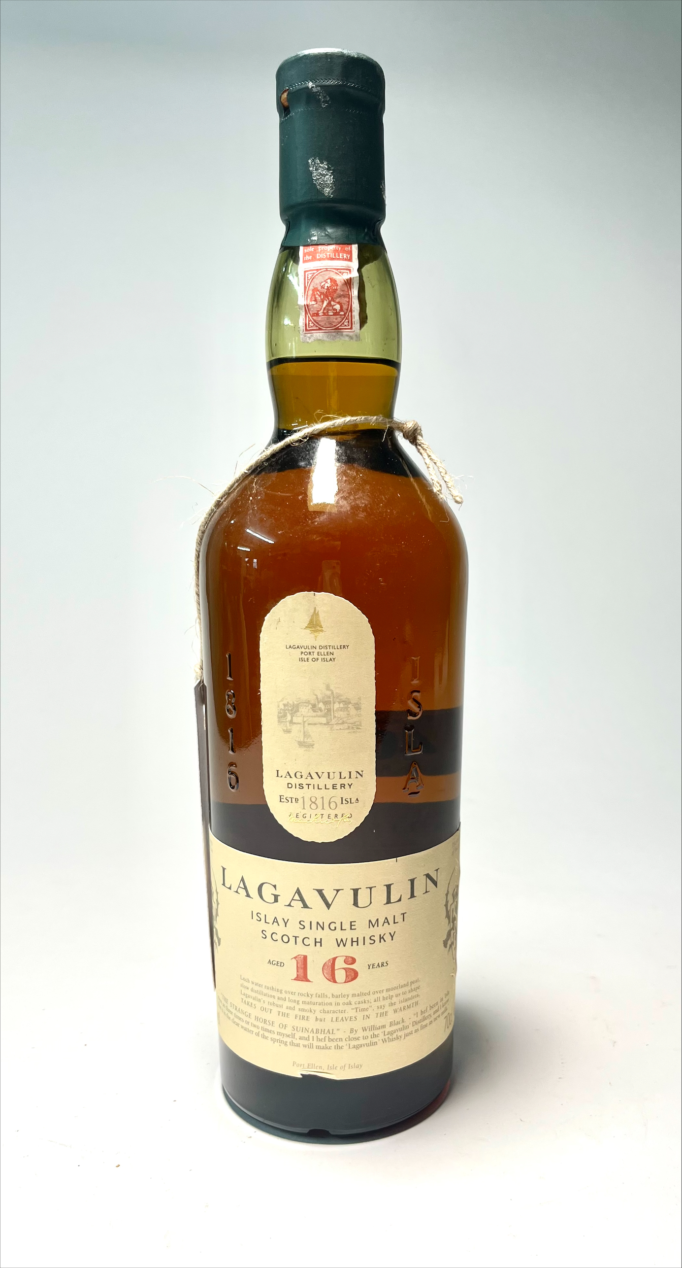 A bottle of Lagavulin Islay Single Malt Scotch Whisky (Lagavulin Distillery est. 1816), aged 16