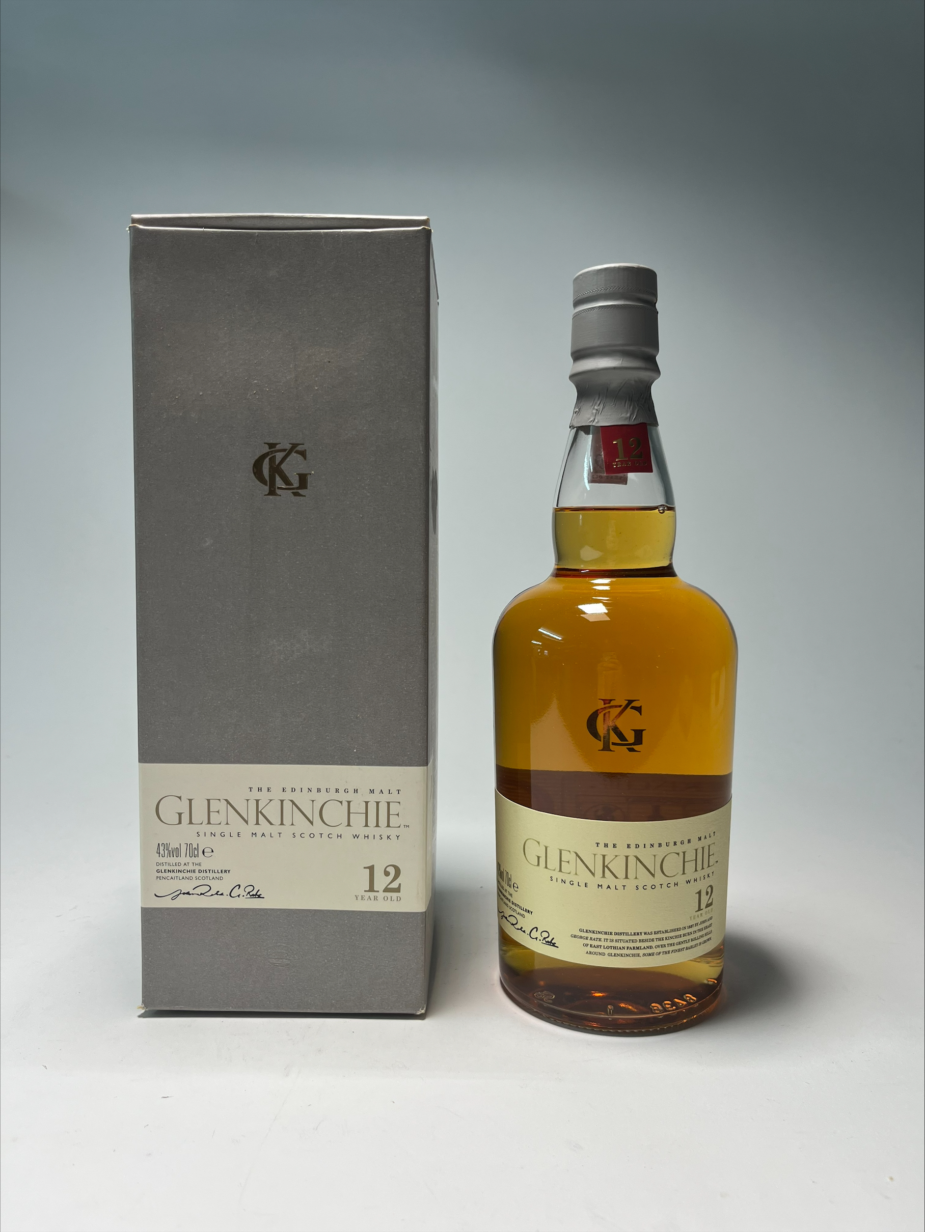 A bottle of The Edinburgh Malt Glenkinchie Single Malt Scotch Whisky, aged 12 years, distilled at