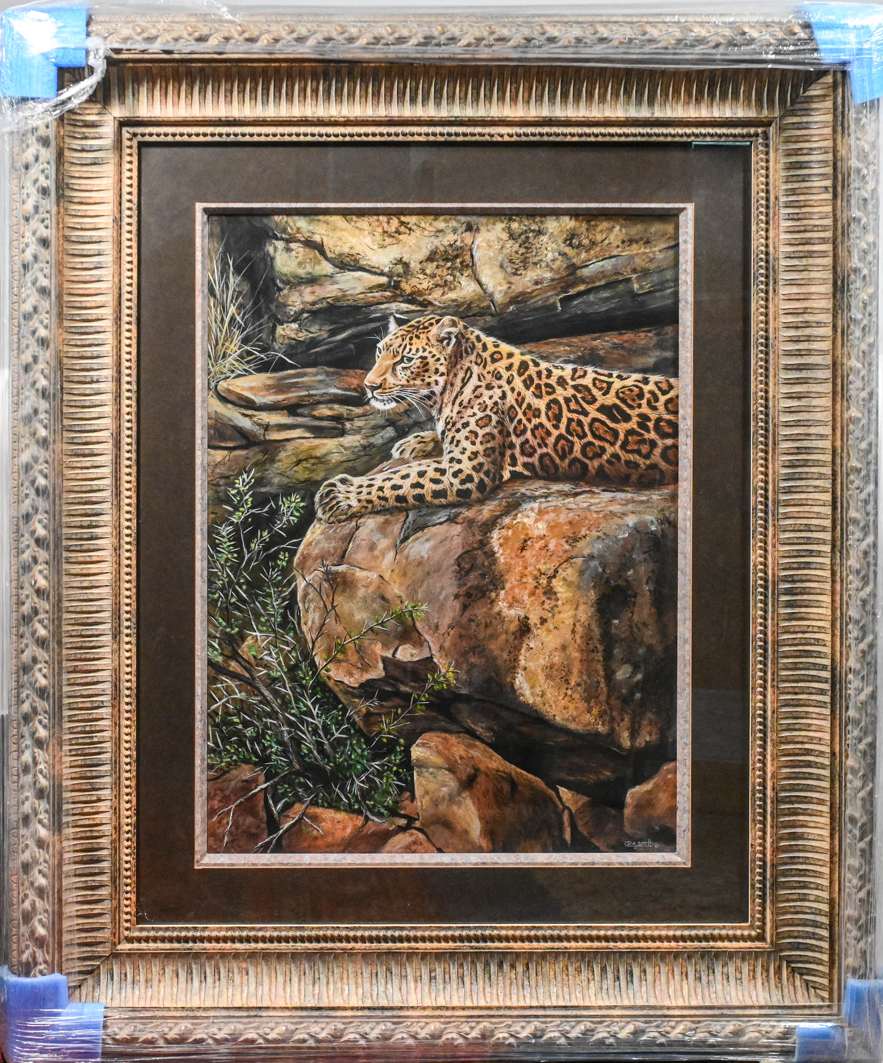 David A Scott, original oil 'Leopard on Rocks' glazed in a ornate heavy frame, overall size 120cm
