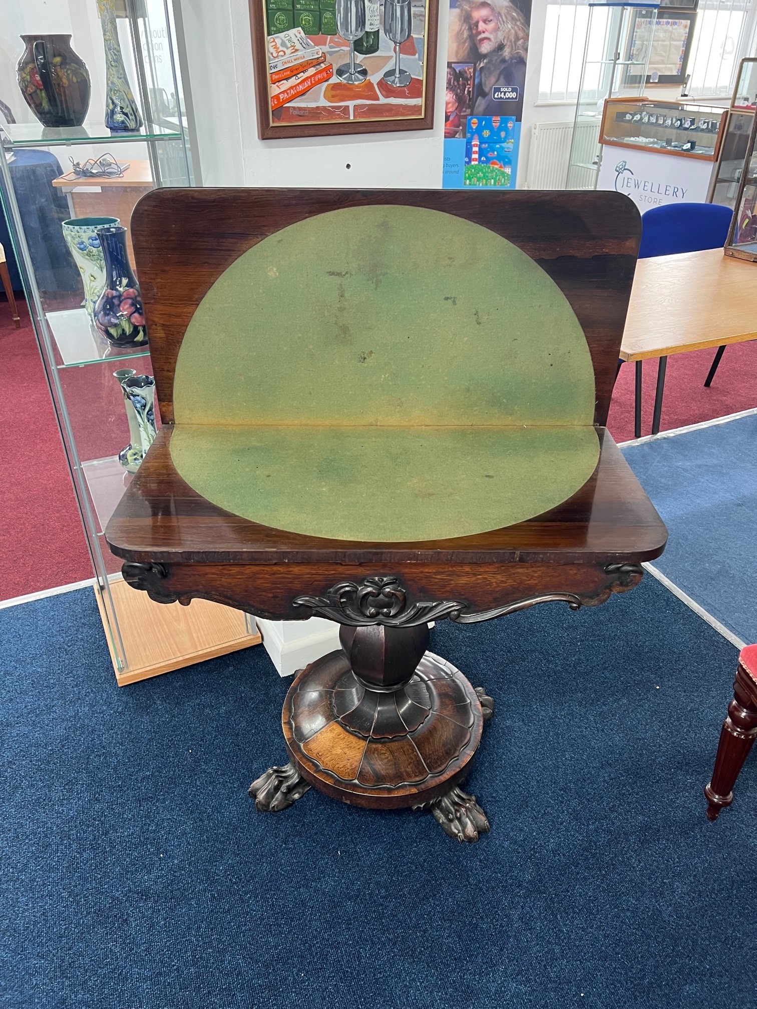 A Victorian rosewood fold over card table on pedestal base. - Image 2 of 2