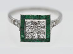 An emerald and diamond art deco square set ring, set in platinum, size N.