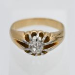 A gents diamond single stone ring, set in yellow gold unmarked, size I.