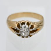 A gents diamond single stone ring, set in yellow gold unmarked, size I.