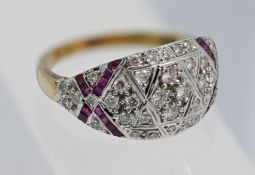An 18ct yellow gold diamond and ruby 'Art Deco' style ring, size Q.