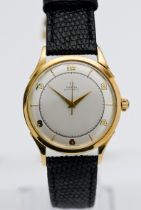 Omega, a gents 18ct gold automatic wristwatch with Arabic and baton numerals, diameter 35mm in