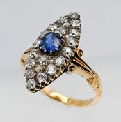 An antique diamond and sapphire marquise ring, set in 18ct yellow gold, size N.