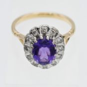 Amethyst and diamond cluster ring, set in yellow gold unmarked, size T/U.