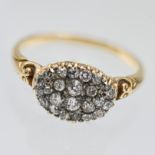 Edwardian period diamond cluster ring, set in yellow gold indistinctly marked, size O.