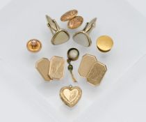A pair of 9ct gold cufflinks, a single 9ct gold cufflink, a 9ct gold heart locket, approx. 9.2g