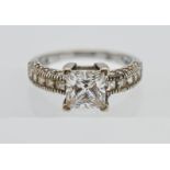 14kt white stone dress ring Central 7.00 x 7.00mm Princess cut stone with 5 x 2.5mm princess