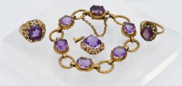 A 9ct gold and amethyst stone set bracelet, a 9ct gold amethyst ring and similar pendant, total
