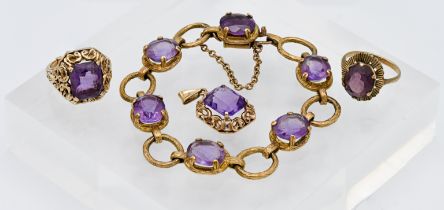 A 9ct gold and amethyst stone set bracelet, a 9ct gold amethyst ring and similar pendant, total