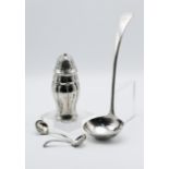 Silver plated ladle together with two caddy spoons and an Arts & Crafts style Norwegian sugar caster