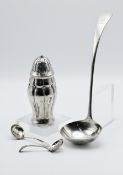 Silver plated ladle together with two caddy spoons and an Arts & Crafts style Norwegian sugar caster
