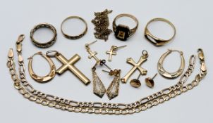 A mixed collection of 9ct gold to include earrings, crosses, rings etc, approx. 21.8g.