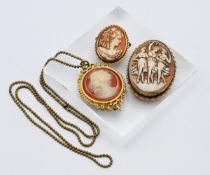 Two 9ct gold cameo brooches together with a gold plated cameo on chain.
