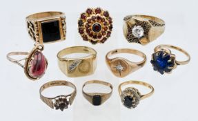 A collection of ten 9ct gold rings, approx. 49g.