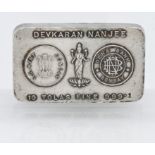 Devkaran Nanjee 10 Tolas Fine 999.1 silver ingot, I.G.Mint Bombay, Dena Bank, Bombay, approx. 3.