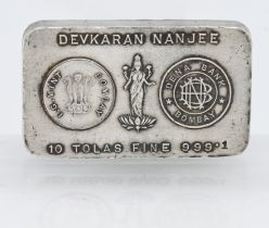 Devkaran Nanjee 10 Tolas Fine 999.1 silver ingot, I.G.Mint Bombay, Dena Bank, Bombay, approx. 3.