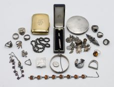 A mixed collection including a silver compact, silver costume jewellery, silver tooth pick, cased