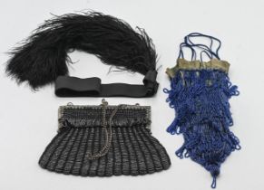 Two 1920/1930's purses together with a feather headband.
