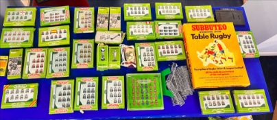 A vintage Subbuteo Table Rugby game, to include twenty-five boxes of player figures, two model nets,