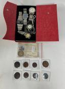 A mixed collection of general gents wristwatches including Slazenger and some coins including George