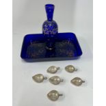 Victorian dark blue glass and gilt decorated tray (small hole) together with a gilt overlay vase and