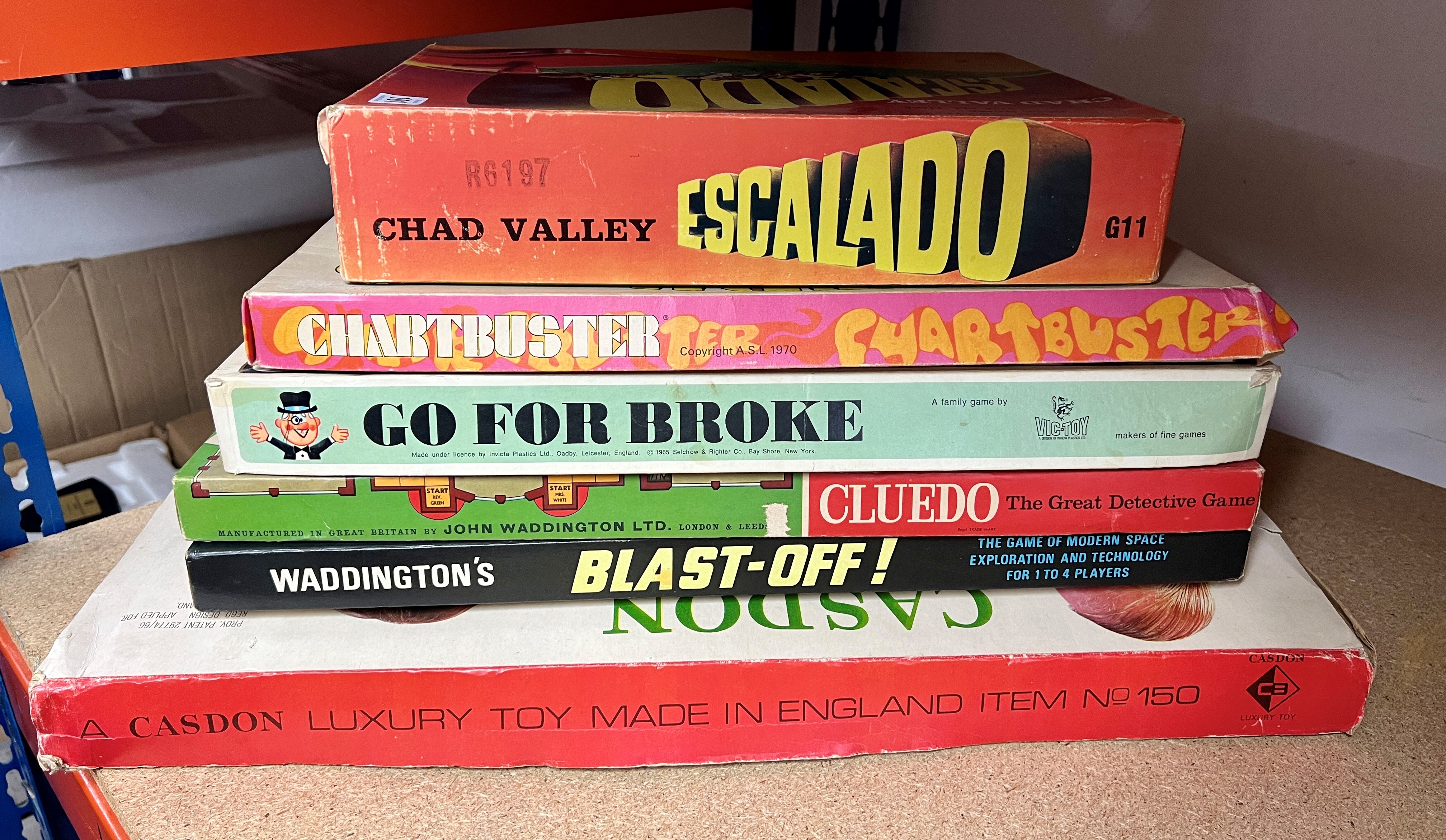 A collection of six vintage board games to include Chad Valley Escalado, Chartbuster, Go For
