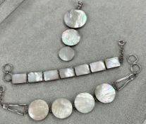 Two modern silver mother of pearl bracelets and matching pendant (3).