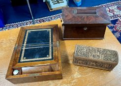 A Victorian mahogany tea caddy, a Victorian walnut writing slope and a carved Anglo Indian box (3).