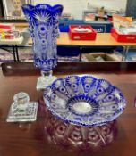 A large German lead crystal cut glass vase and bowl (bowl detached from stand).